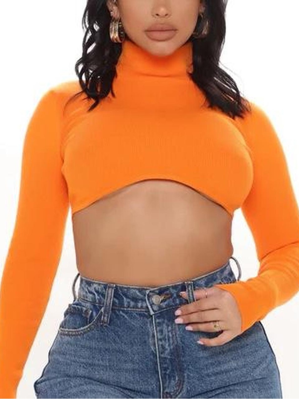Women's Orange Long Sleeve Cropped Turtleneck Top